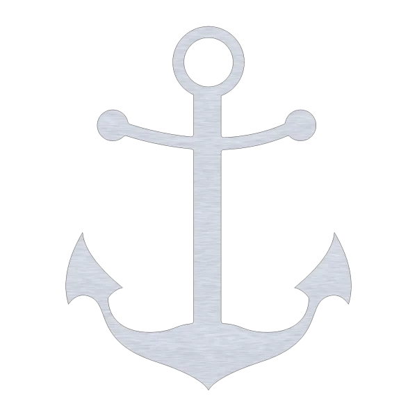 An 18-inch aluminum anchor cutout with a metallic finish against a solid black background. The design features a classic anchor shape with a prominent ring at the top and pointed flukes at the bottom. Symmetrical lines and rounded arms create an elegant nautical silhouette.